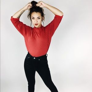 80’s Red and Black Polka Dot Mockneck 3/4 Sleeve